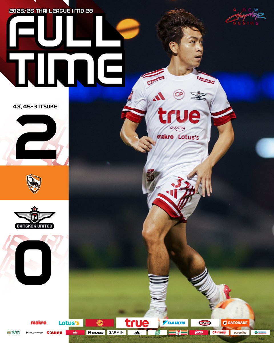 TRUEBUFC's tweet photo. หมดเวลาการแข่งขัน
FULL TIME.
🏆 Thai League 2025/26 Matchday 28
Singha Chiangrai United 2-0 True Bangkok United
#ทรูแบงค็อกยูไนเต็ด #TrueBangkokUnited #TrueBUFC
#ANewChapterBegins #บทใหม่เริ่มต้น https://t.co/n1b0b2uMDb