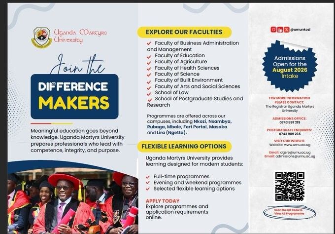 RupinyRadio's tweet image. AD
Admissions are OPEN for August 2026. Join any of our campuses: Nkozi, Rubaga, Masaka, Mbale, Ngetta, or Fort Portal.
🔗 Apply: umu.ac.ug
📧 admissions@umu.ac.ug
📞 0743 897 219 | PG: 0743 909 235
#UMU #UgandaMartyrsUniversity 
@umu_nkozi
