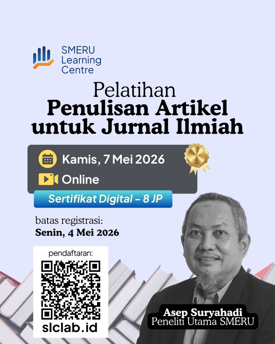 SMERUInstitute's tweet photo. 📢✨ Telah Dibuka *Kelas Pelatihan Penulisan Artikel Jurnal Ilmiah* dari SMERU Learning Centre!

Ingin artikel kamu terbit di jurnal ilmiah?

Pelatihan ini membantu kamu memahami tahapan penulisan hingga publikasi secara praktis dan sistematis. https://t.co/0dO2o4ZAmT