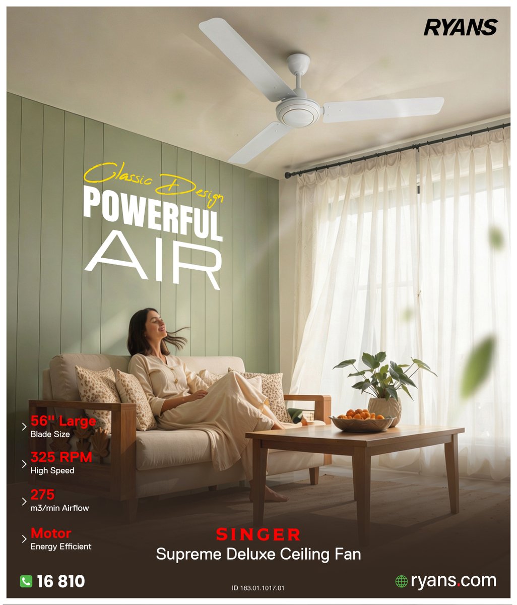 RyansComputers's tweet image. 🌬️ Singer SUPREME-DELUXE ✨
Strong airflow with durable build for daily comfort.

🛒 Order Now — ryans.com/singer-supreme…

#RyansComputers #Singer #CeilingFan #HomeAppliance