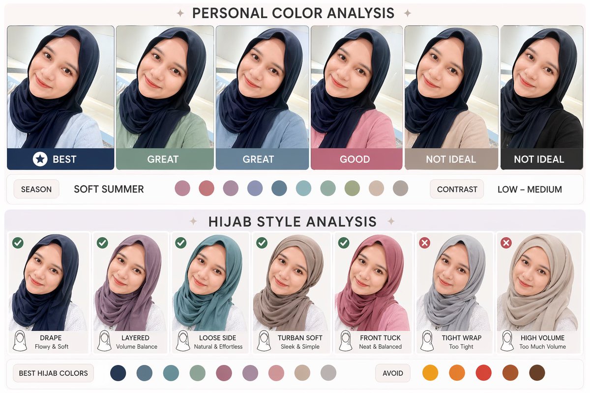 Jujur baru kali ini cek PERSONAL COLOR ANALYSIS 👀

Ternyata aku cocok pake warna pakaian &amp; hijab yang cerah tapi soft gitu yeyyy ilovepinkuuee pantesan kalau pake jilbab berwarna ngerasa cakep hehe 💖
Untuk makeup tone &amp; lips bener emang warna yg keseharian aku pake