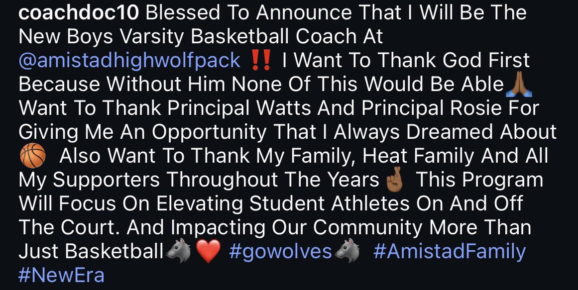 CoachDoc10's tweet photo. Blessed To Announce That I Will Be The New @AmistadHoops Boys Varsity Coach‼️ #GoWolves🐺 #AmistadHigh #NewEra https://t.co/S8T8gKamMk