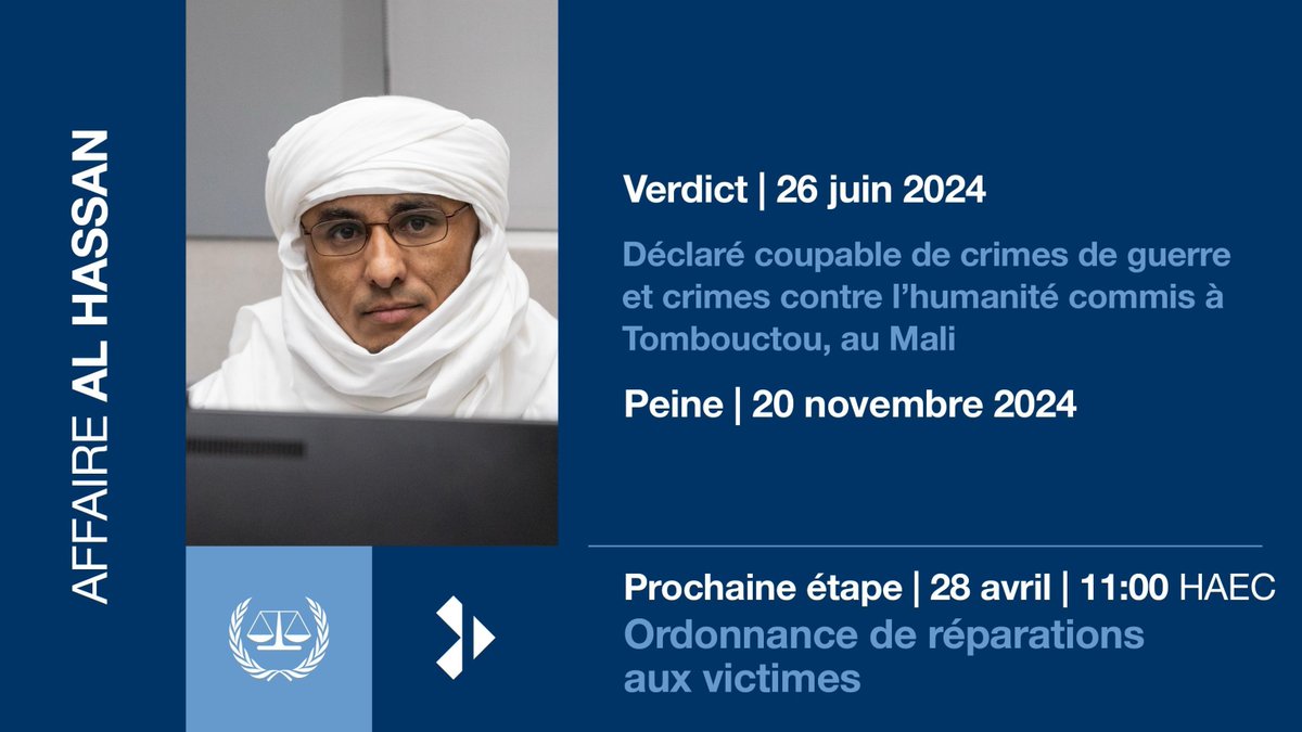 CourPenaleInt's tweet image. 📅 Mardi 28 avril à 11h00 (HAEC) : La Chambre de première instance X de la #CPI rendra son ordonnance de réparations aux victimes dans l'affaire #AlHassan.
🎥 En direct sur le site web de la CPI, Facebook et YouTube.
📖 Plus d'infos ➡️ icc-cpi.pulse.ly/2k8hiebekb #Mali