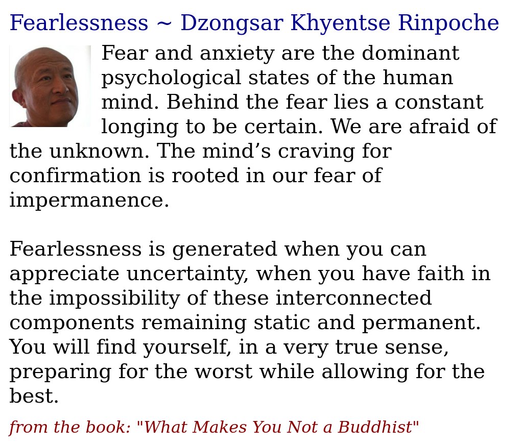 JDharmaQuotes's tweet image. Fearlessness ~ Dzongsar Khyentse Rinpoche
justdharma.org/fearlessness-d…

#DzongsarKhyentseRinpoche #fearlessness #anxiety #interconnection