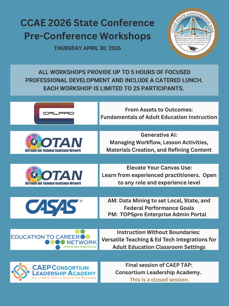 otan's tweet image. Going to CCAE State (April 30–May 2)? So is OTAN!

In addition to our many sessions during the main event, we are offering two pre-conference workshops on Thursday, April 30.

Learn more and register: ccaestate.org/pre-conference…

#AdultEd #ProfessionalDevelopment