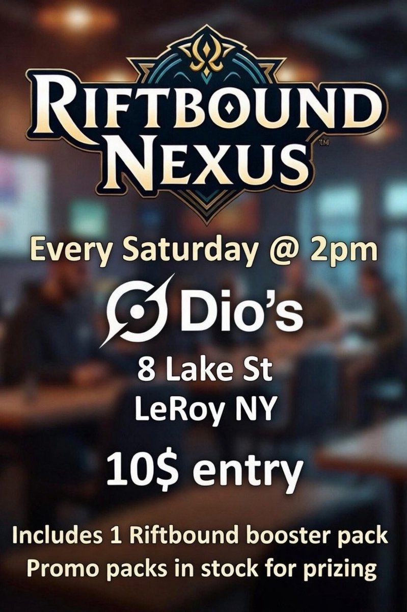 RIFTBOUND NEXUS @ DIO’S – SATURDAYS 2PM!
Summoners, assemble! $10 entry gets you in + a Booster Pack to fuel your deck.
Promo Packs in stock for epic prizing – battle for those exclusive foils &amp; alt arts!
Bring your constructed deck &amp; claim the Nexus🔥🃏
#Riftbound #Dio’sGaming