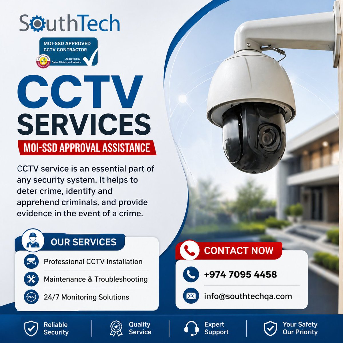 SouthTechQatar's tweet photo. Secure your business with MOI-SSD approved CCTV solutions in Qatar 🇶🇦

✔️ Installation
✔️ Maintenance
✔️ 24/7 Monitoring
✔️ Approval Assistance
Stay compliant. Stay protected.
📞 +974 7095 4458
📧 info@southtechqa.com
#CCTV #Qatar #Security #MOI #Doha #BusinessSafety https://t.co/hqMozw2vrn