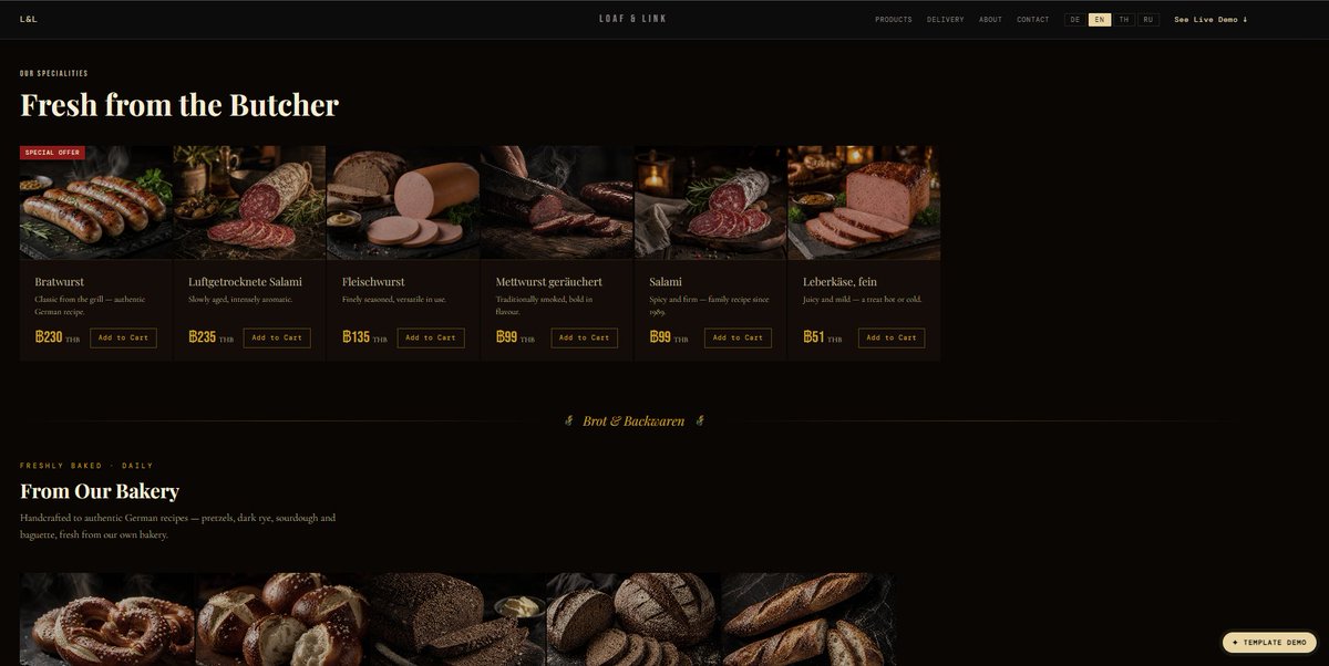blackoarstudio's tweet photo. Holy Wurst — this might be the most fire website template I've seen for artisan food brands.Check out Loaf & Link — premium, ready-to-launch online shops built specifically for butchers, bakers, and real-deal craft food makers. German-style quality vibes, buttery smooth design, and it actually looks premium AF. One template. Your brand. Your products. Deployed in 48 hours. They're showing it off with "Zur Alten Metzgerei" — a full live demo butcher/bakery slinging fresh bratwurst, smoked salami, Leberkäse, pretzels, and sourdough rye straight out of the oven. Even has chilled shipping in Thailand. Yeah, it's that dialed in. If you run (or know someone who runs) a serious butcher shop, bakery, deli, or charcuterie game… this is the glow-up your online presence has been begging for. No more ugly square space templates from 2018.  Live demo here: Who else wants their craft food business looking this legit online? Drop a  if you're in the wurst game. Tag a butcher or baker who needs this yesterday. #LoafAndLink #ArtisanFood #ButcherShop #BakeryLife #SmallBusinessGlowUp