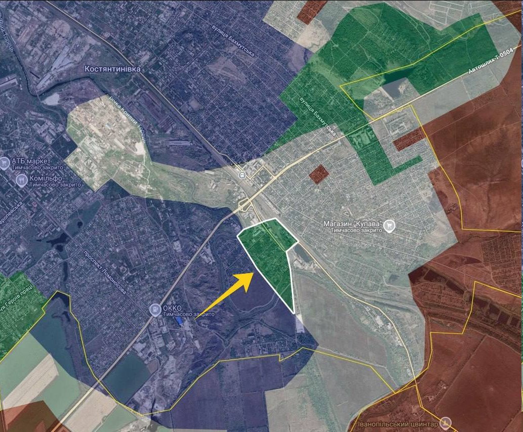 Ukrainian forces have reported to have pushed the Russian back, and have advanced to the railway junction in the south of Kostyantynivka, in the Donetsk region. (credit to the mapmaker)
