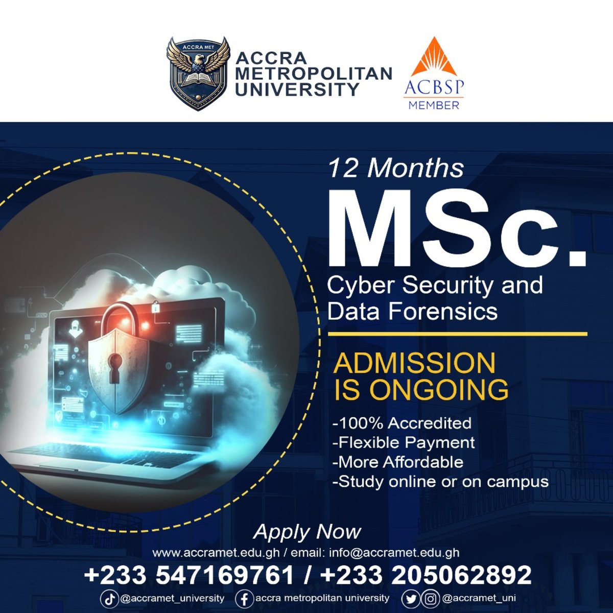 accrametuni's tweet image. Master the art of digital defense. 🛡️💻
Applications are officially open for our **MSc in Cyber Security and Data Forensics**. Elevate your career with a program designed for the modern tech landscape.
Apply here: 🔗 portal.accramet.edu.gh
#AccraMet #CyberSecurity #MSc #Ghana