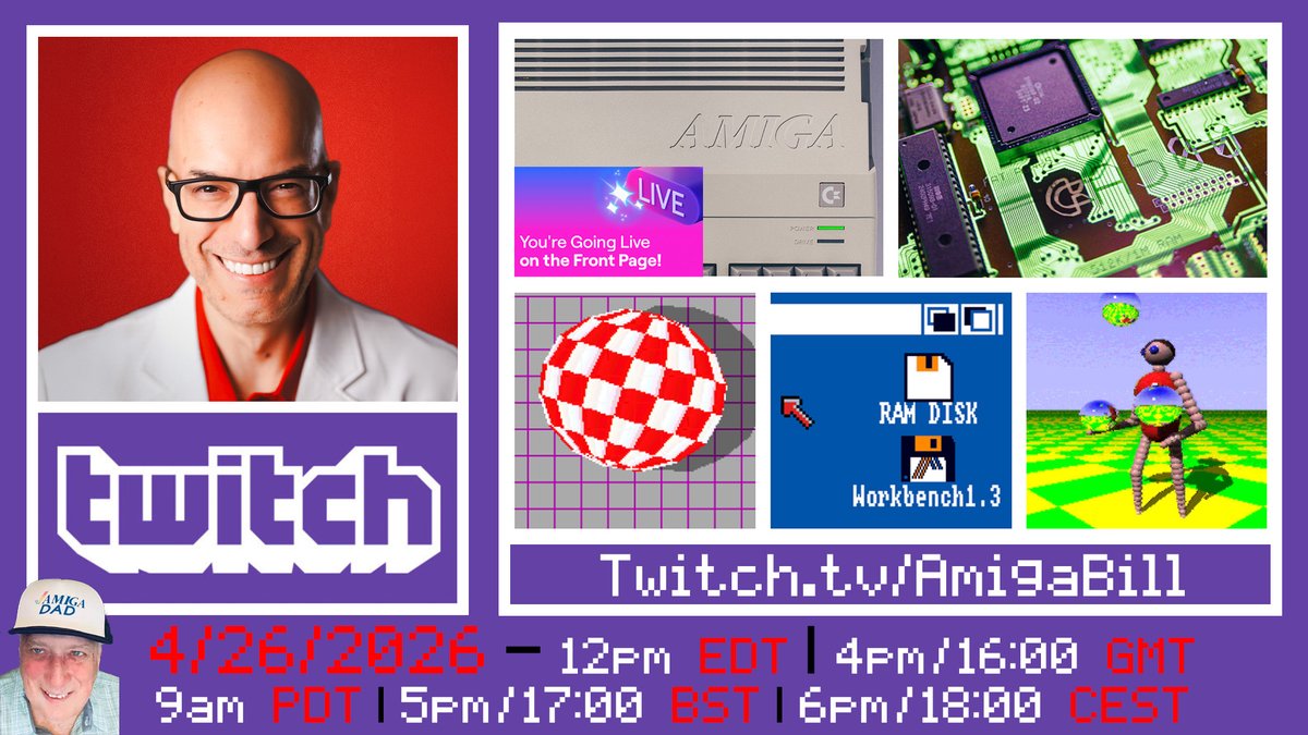 AmigaBill_'s tweet image. Live Stream Tomorrow April 26, 2026 Sunday Funday EXTENDED EDITION 2 Hrs. Early on Twitch Front Page!  12pm EDT/4pm GMT/6pm CEST - Commodore Amiga Classic Games, New Games, Amiga News, Demos &amp;amp; More! #commodore #commodoreamiga #retrogaming #retrogamer LINK: twitch.tv/amigabill