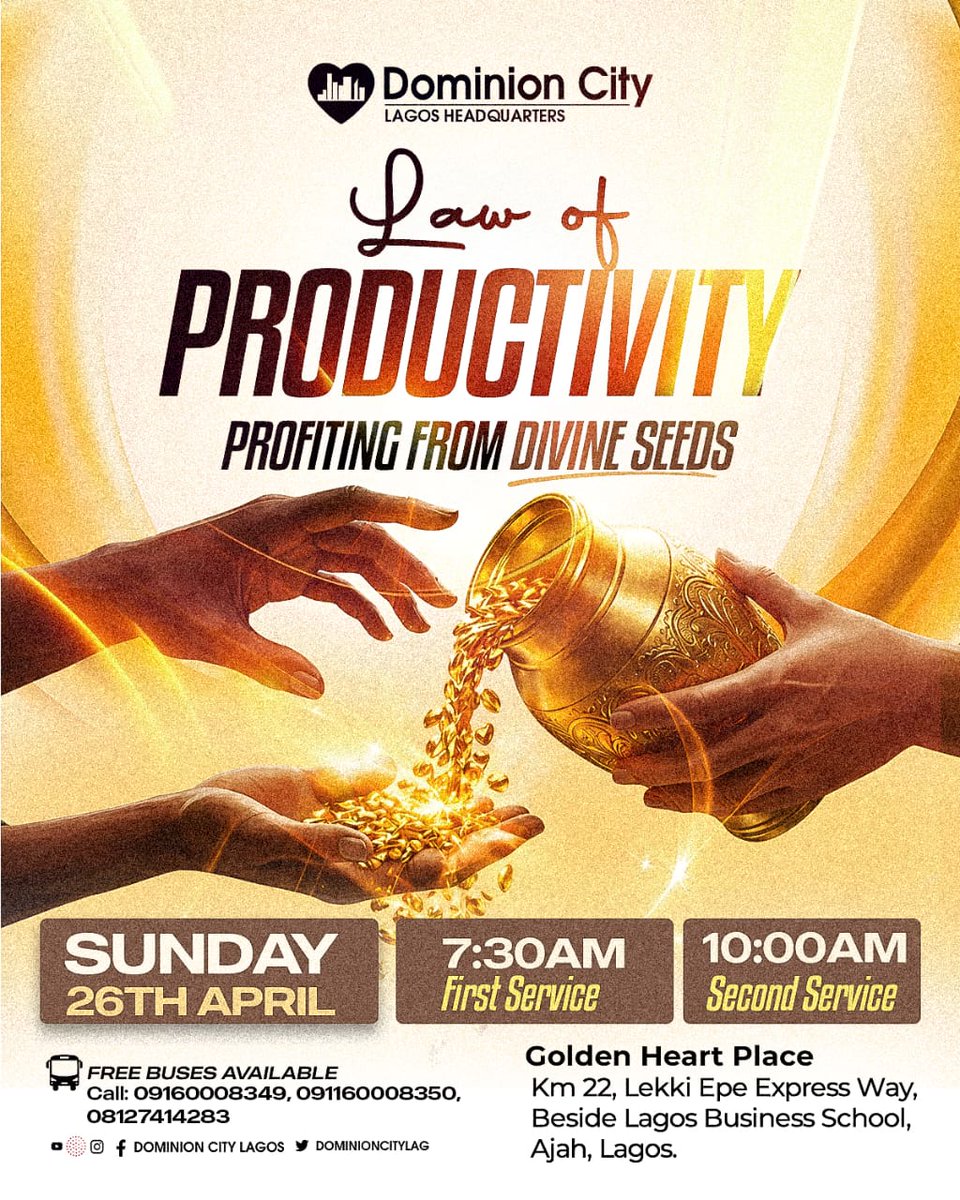 dominioncitylag's tweet photo. Last Sunday, we began a powerful teaching on the Law of Productivity, and tomorrow we are going even deeper.

Every seed carries potential, but understanding how it grows makes all the difference.

Join us for another impactful service.

First Service: 7:30 AM
Second Service: 10:00 AM

#DominionCity #DCLagoshq #LawOfProductivity #ProfitingFromDivineSeeds