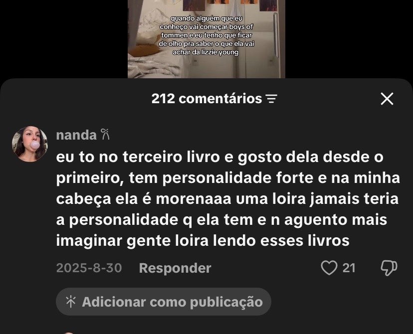morro q todo mês alguém curte esse meu comentário e me ressuscita a lembrança de q no começo eu n conseguia imaginar a lizzie loira pq achava ela loba demais pra ser