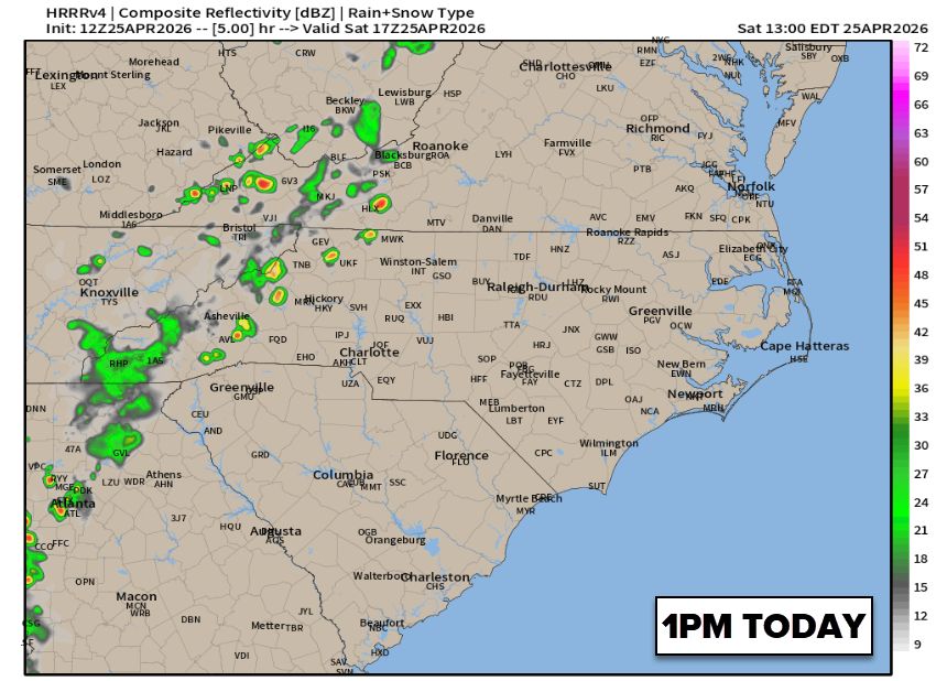 wxbrad's tweet image. Here's a look at the timing of the scattered showers and storms today. Not everyone will see good rain, and even those who do will not amount to a lot. #cltwx #ncwx #scwx #wcnc
