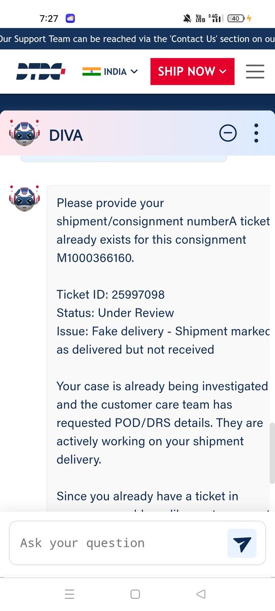 i_saheen's tweet photo. @DTDCIndia "Shocking experience with @DTDC_Care @dtdc_official. They seem reliable for letters but act like absolute cheats when it comes to expensive items/gifts. No response to emails or calls. This is pure fraud! Resolve this now.
#DTDC #Fraud  #CourierService @jagograhakjago" https://t.co/kCwCEXUhig