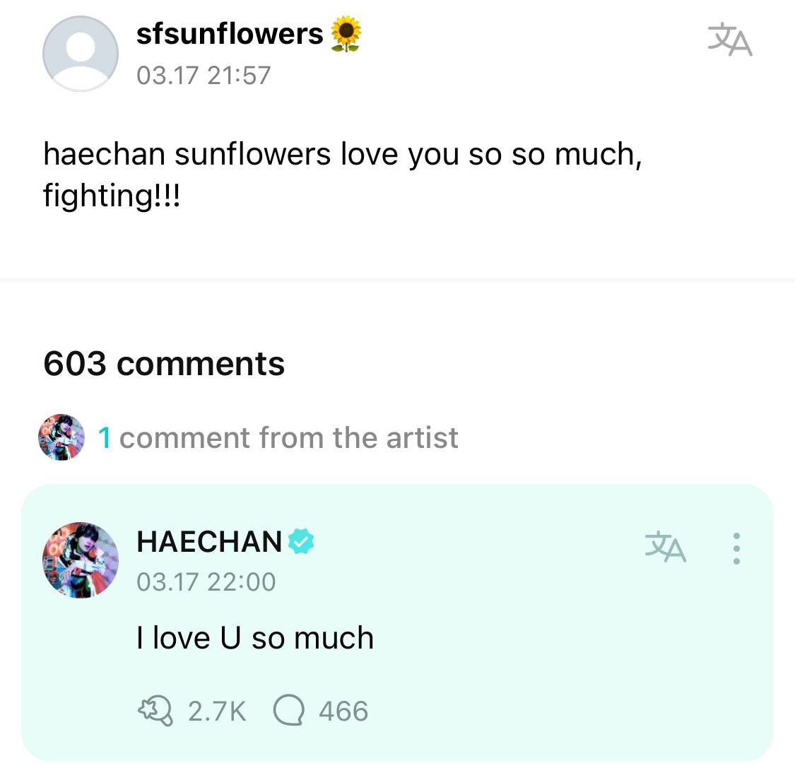 👤: haechan sunflowers love you so much, fighting!!!
🐻: I love U so much 

FS♡SF