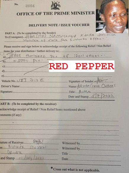 RedPepperUG's tweet photo. #MABAATI #BONANZA
Records show Bunyoro Affairs State Minister Jennifer Namuyangu @J_Kacha_N received 300 iron sheets.
The consignment was picked on July 5, 2022 using vehicle UBJ 720E, with Steven Aipikor signing as the receiver. https://t.co/OS9fjPR3o6