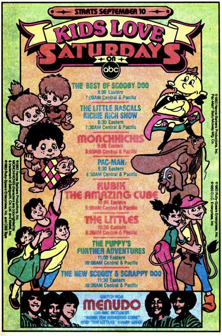 TheVallyD's tweet photo. 1983 Saturday morning cartoon lineup on ABC. Some old favorites mixed in w/some oddball newbies. The attempt to humanize Rubik’s Cube was…interesting. I had a Monchhichi (sort of the less evil Labubu of its day). https://t.co/Tegdunh2bC
