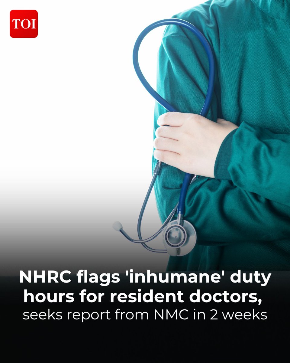 timesofindia's tweet image. The #National Human Rights Commission has issued notice to the National #Medical Commission over allegations that postgraduate #medical residents, including persons with disabilities (PwD), are being made to work “inhumane and unregulated” duty hours across medical #colleges,