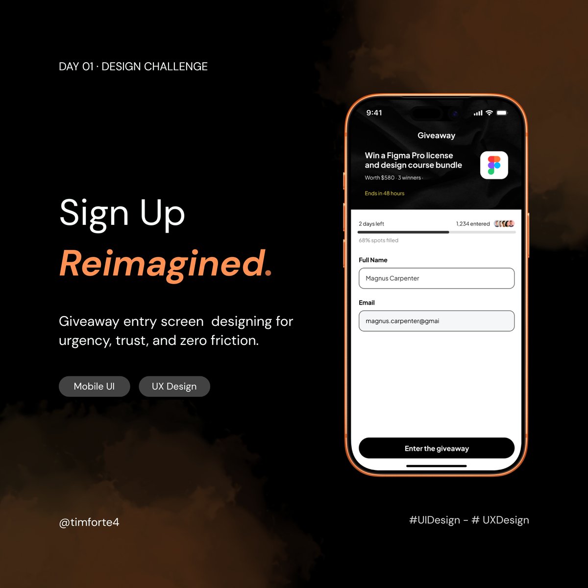 timforte4's tweet image. Day 01 - Designed a giveaway entry screen. 

Key decisions: 
- Prize leads, form follows
-  2 fields only (Hick's Law) 
- Progress bar for urgency, 
- Social proof to kill hesitation
The best sign-up makes the form the last thing you notice.
#DailyUI #UIDesign #UXDesign #Figma