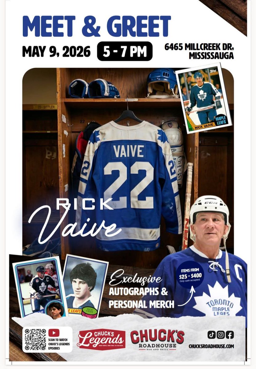 Legends walk among us… and this one’s coming to Chuck’s 🏒
 Former Leafs Captain Rick Vaive, a true Legend, is hitting Chuck’s Roadhouse for an exclusive meet &amp; greet.
📅 May 9th, 2026 ⏰ 5–7PM 📍 6465 Millcreek Dr, Mississauga