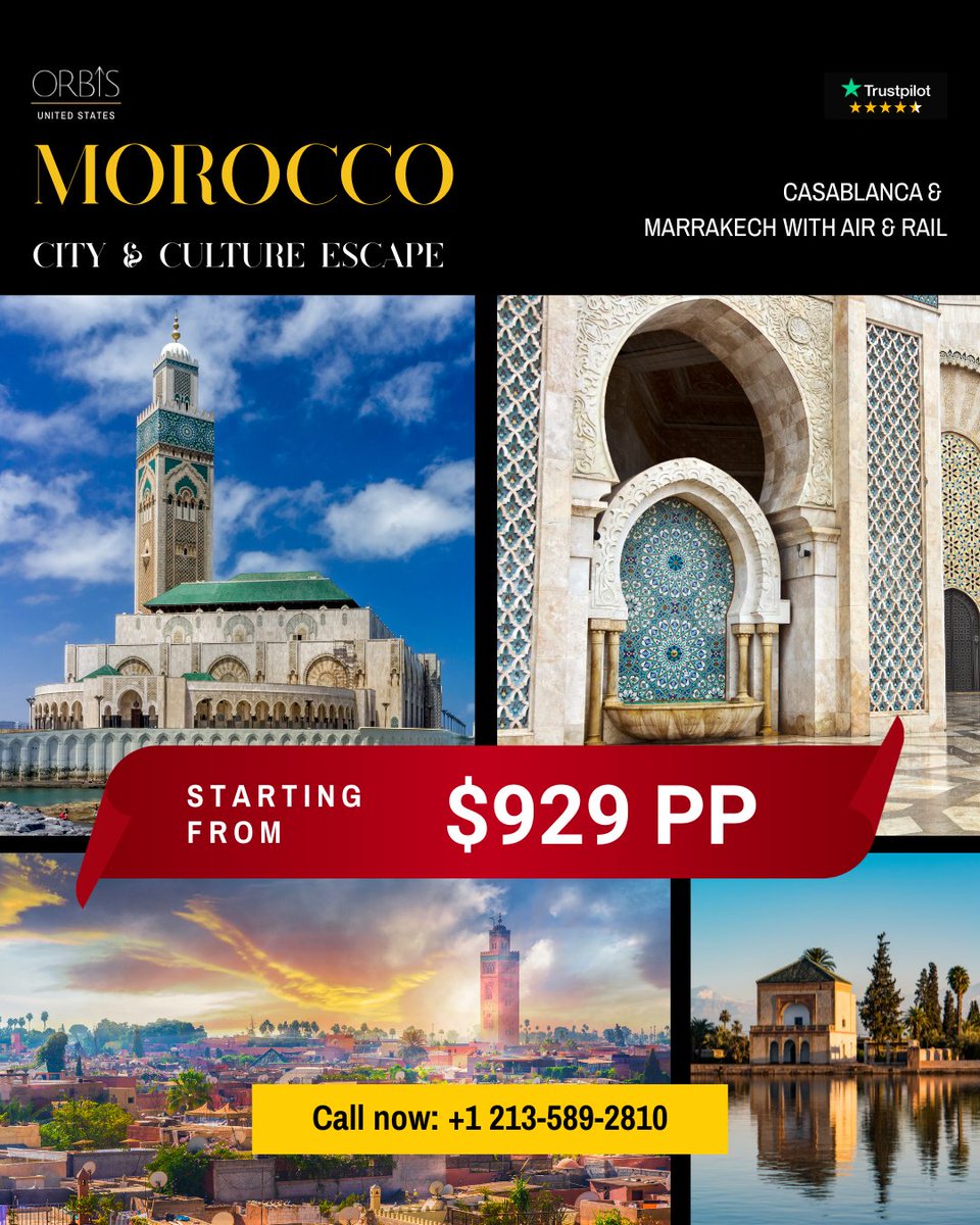 OrbisVacationUS's tweet image. Souks, spice scents &amp;amp; sunset riads, Morocco is calling 🇲🇦✨ Starting from $929PP!

📍Book Now orbisvacation.us/topdealsdetail…

#MoroccoTravel #Marrakech #Casablanca #TravelDeals #Wanderlust