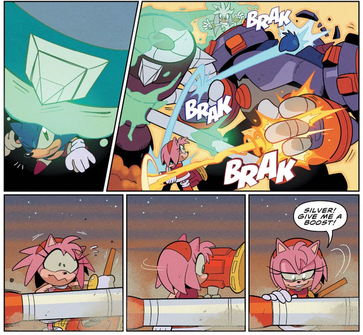 semifreqsonic's tweet image. In IDW's Sonic the Hedgehog #58, Amy requests Silver's help to lift up an Egg Hammer's weapon with his psychokinesis.

She then proceeds to literally do most of the heavy lifting, much to Silver's astonishment.