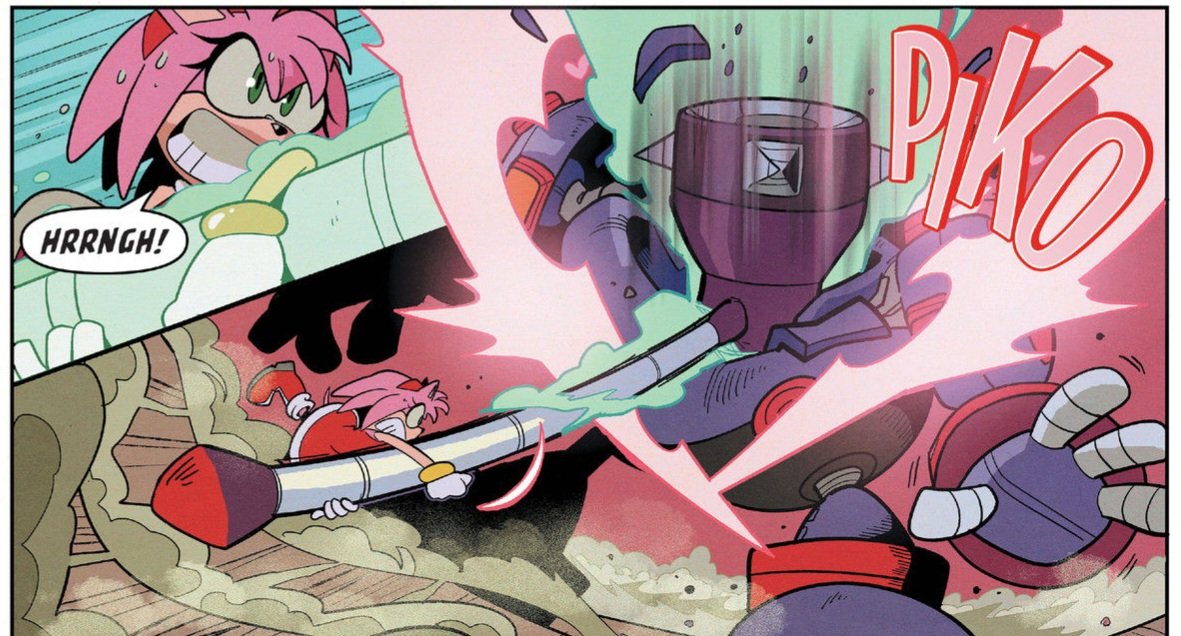 semifreqsonic's tweet image. In IDW's Sonic the Hedgehog #58, Amy requests Silver's help to lift up an Egg Hammer's weapon with his psychokinesis.

She then proceeds to literally do most of the heavy lifting, much to Silver's astonishment.