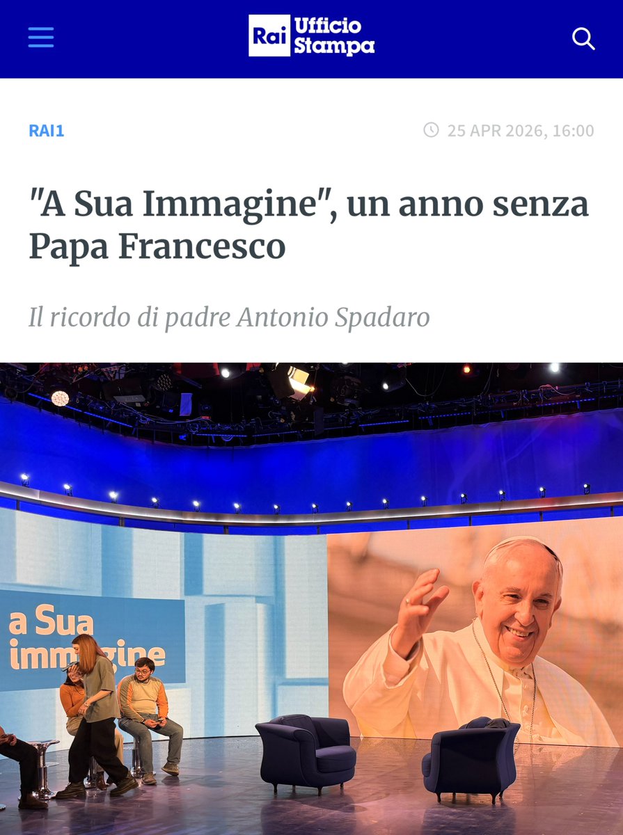 antoniospadaro's tweet image. OGGI #25aprile alle 16.00* su *RAI 1* dialogherò per mezz’ora con Lorena Bianchetti su #PapaFrancesco e la sua eredità per il nostro tempo. Vi aspetto 📺!