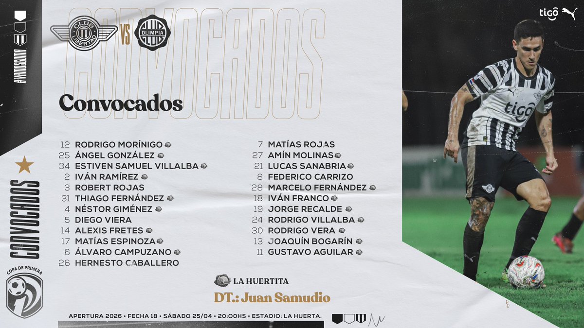 Libertad_Guma's tweet image. ¡Los convocados de #Libertad para el juego en casa ante Olimpia! ⚽️🏁

🏠✅ Con 80 % de jugadores de La Huertita.

#AperturaAPF2026
#SentíLibertad
#LibertadEsFamilia