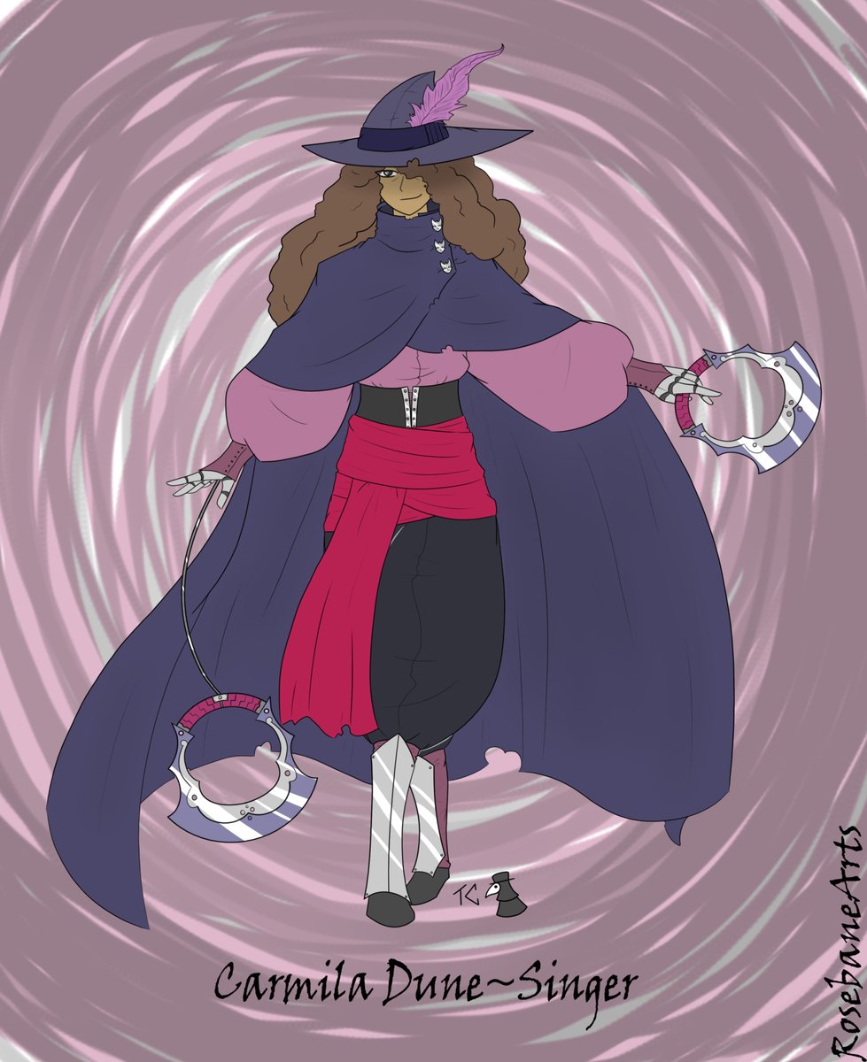 Rosebane_Arts's tweet image. an old dnd character idea, Carmila dune-singer is an older bard of higher level. she specializes in dance type combat using her special hand blades in combination. think almost yoyo like as she can spin and send them out slashing then retracting back. #digitalart #fantasyart #dnd