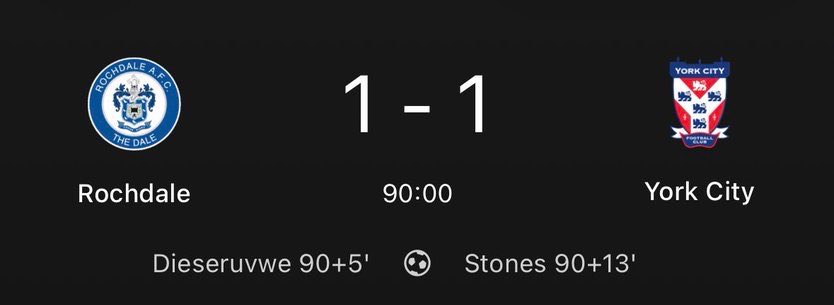 No ha defraudadooooo 🤯🤯🤯

Gol del Rochdale en el 95, invasión de campo, celebran medio ascenso. 

Pero después de un buen rato se reanuda el partido para dos minutos y…

Gol del York en el 115’.

1-1. Final. 

Sube el York.

Ahora os pongo los goles...