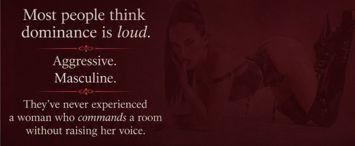 submit2eveedge's tweet photo. Most people still think dominance is loud.

Aggressive.
Masculine.

How predictable.

Real power doesn’t need to shout. It doesn’t ask for permission. It’s felt the moment I walk into the room.

I don’t perform dominance.
I am it.

Stillness. Presence. Control.

That quiet certainty that makes everything and everyone respond without a word.

That’s not masculine energy.
That’s feminine power in its purest form.

#MistressEve #Femdom #FemininePower #Dominance