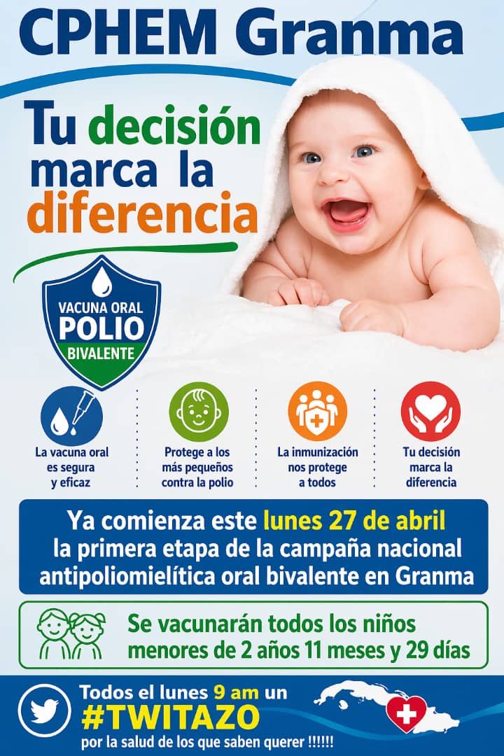 Bajo el lema“Tu decisión marca la diferencia”
Del 27 de abril al 2 de mayo se desarrollará en todo el territorio granmense la 65 Campaña Nacional de Vacunación Antipoliomielítica, dirigida a niños entre un mes y tres años de edad, quienes recibirán la vacuna oral bivalente