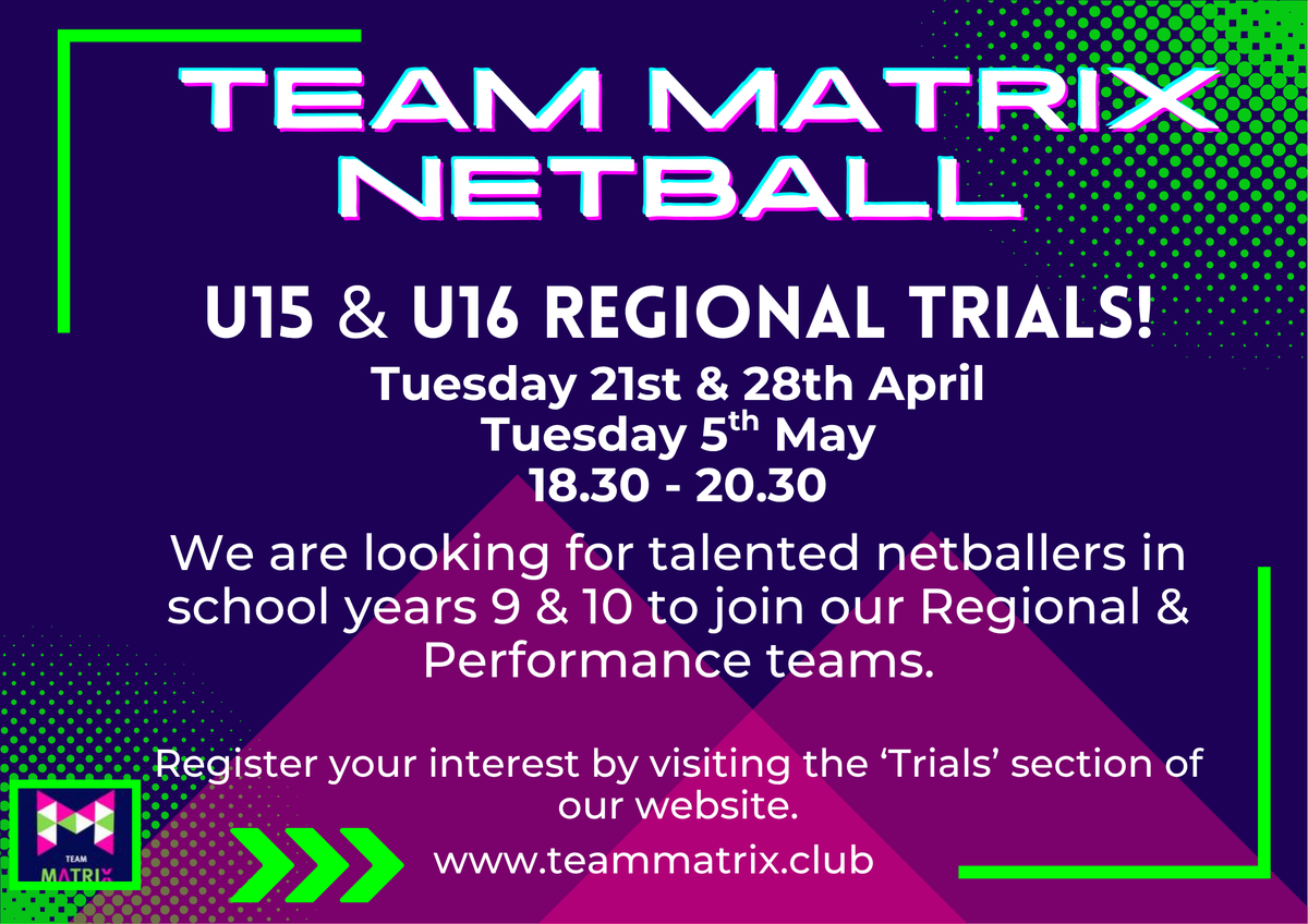 TeamMatrixNC's tweet photo. Is your daughter in school years 9 or 10? Are they an experienced netballer or are they looking to elevate their netball to performance and regional level? There is still time to sign up to our U15/16 trials ahead of next season! Get in touch via the Team Matrix netball website. https://t.co/njgfVcE3cK
