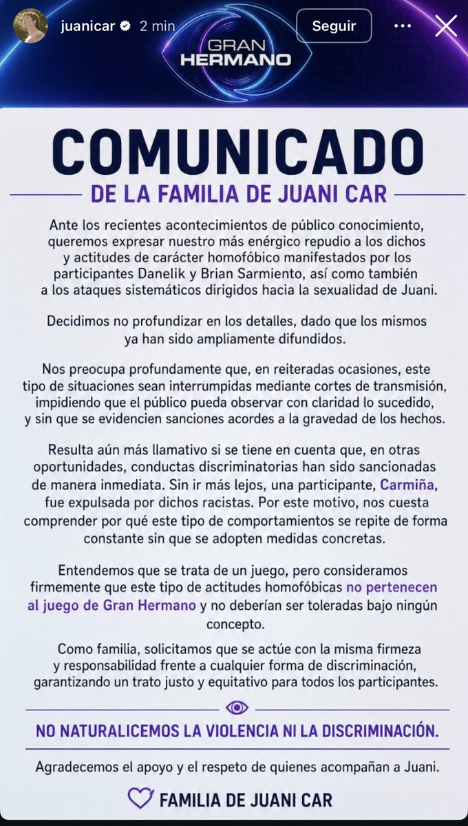 La familia de Juani Car publicó un comunicado repudiando los dichos homofóbicos de Brian y Danelik #GranHermano