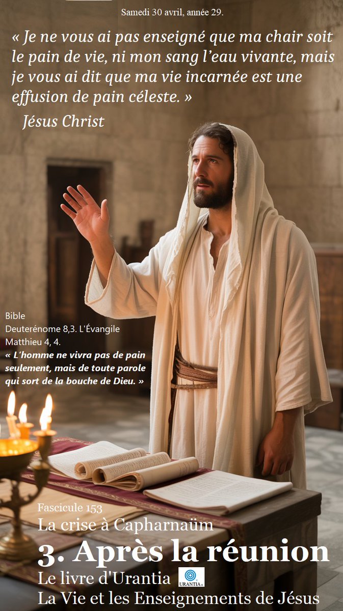 UrantiaSomos's tweet image. #Bonjour 
« Tu nous dis que tu es le pain de vie. Comment peux-tu nous donner ta chair à manger ou ton sang à boire ? À quoi sert ton enseignement si l’on ne peut le mettre en pratique ? » Jésus répondit à cette question en disant :...

#Samedi 30 #avril, année 29.

153:3.1