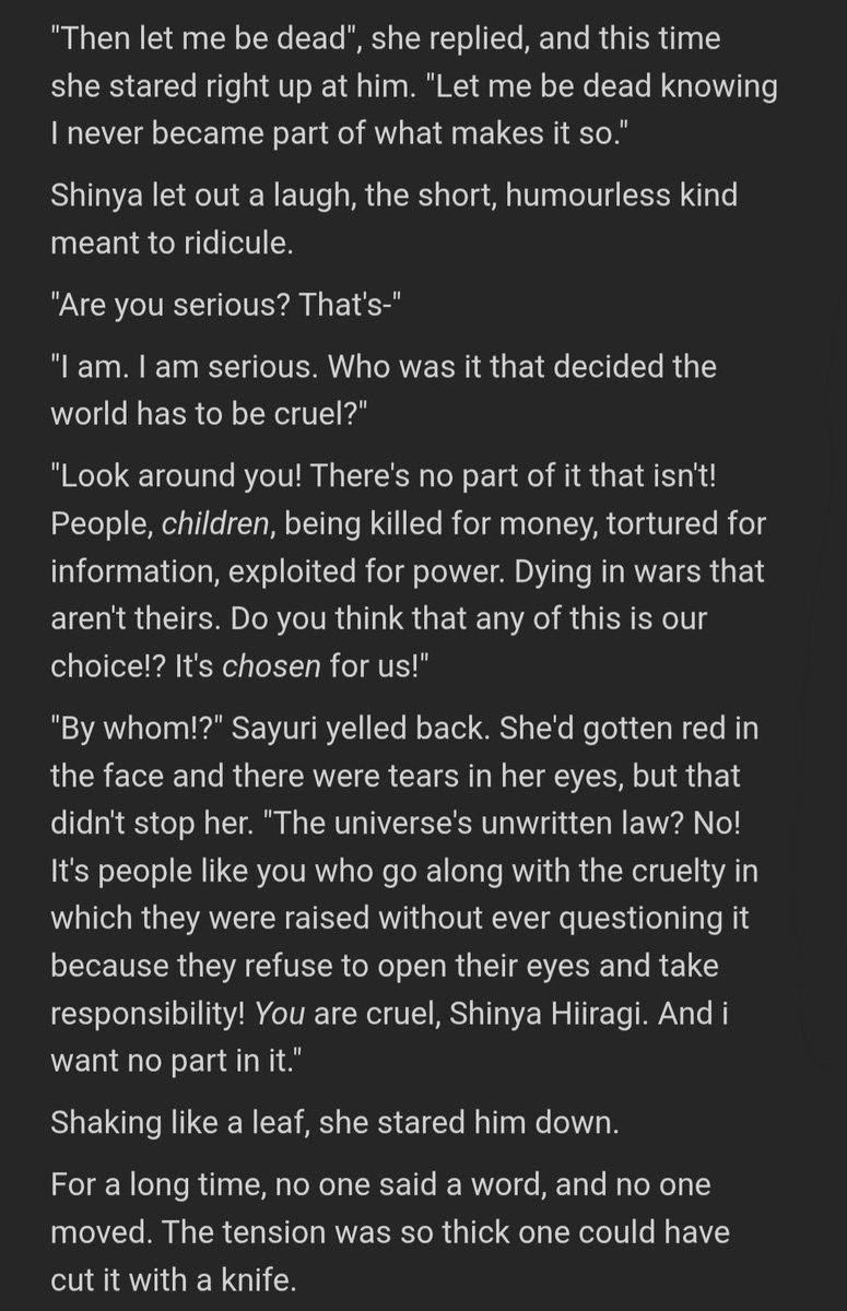 mrthirdwheeI's tweet photo. if i were to reconstruct catastrophe, i would like to give sayuri a role as someone who grew up a lot more sheltered than the others and therefore isn't nearly as desensitised to cruelty, which clashes with shinya's resignation and creates conflict between them https://t.co/qn0PYB41w0