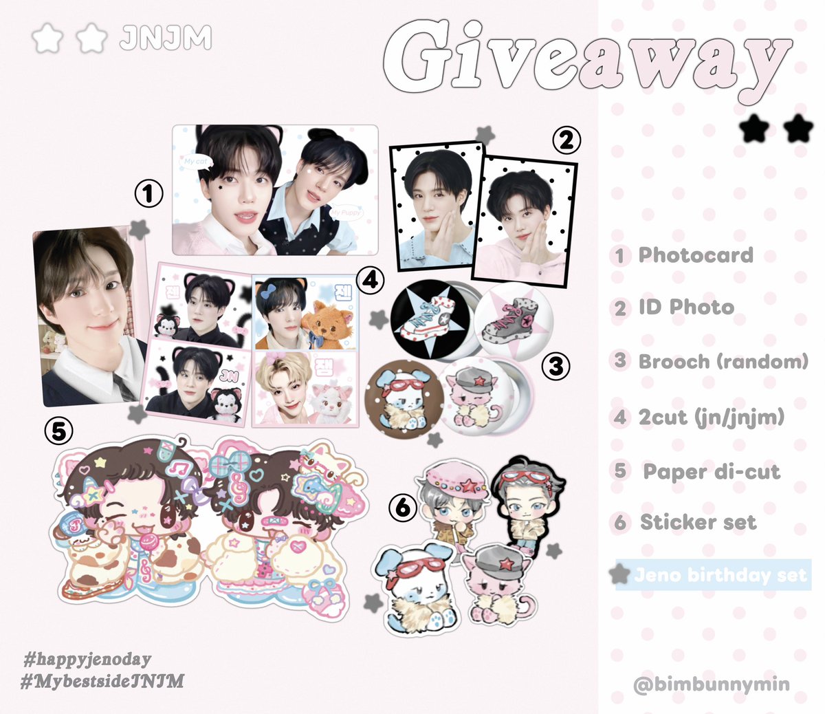 pls kindly rt 
₊ ᨦ Giveaway ᨩ ໋ 
            : Jeno birthday set
            : JNJM set 
🎀🖤🩹
2-3 May @.MybestsideJNJM 
location : sānset cafe  
#HAPPYJENODAY
#MybestsideJNJM