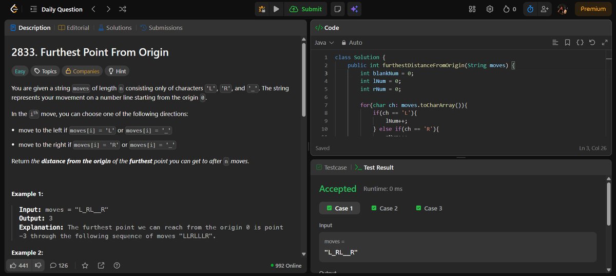 VKakad2709's tweet image. Day 24 of #100DaysOfCodeStarted my journey today! Solved LeetCode problem Furthest Point From Origin.  Looking forward to coding more every day! #Code #LearningToCode #dsa #Java #100DaysOfCode