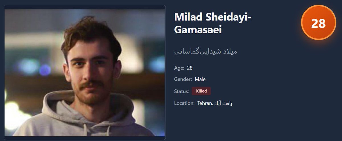 IranTragedy2026's tweet photo. Milad Sheidayi-Gamasaei - میلاد شیدایی‌گماسائی
Milad Sheidayi-Gamasaei, a 28-year-old, was shot during protests on January 9, 2026, in the Yaftabad area of Tehran. According to reports, he was struck by two bullets from behind and died as a result.

https://t.co/t59Gm0x9ZU https://t.co/HCMO3182Ww