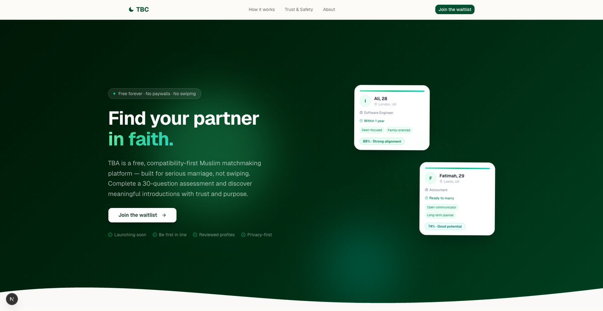 01aibrahim's tweet photo. Modern Muslim matchmaking is broken.

Too much noise. Too much confusion. Not enough intention.

It’s time to simplify it.
Waitlist coming soon. https://t.co/EVjOn4ye5r