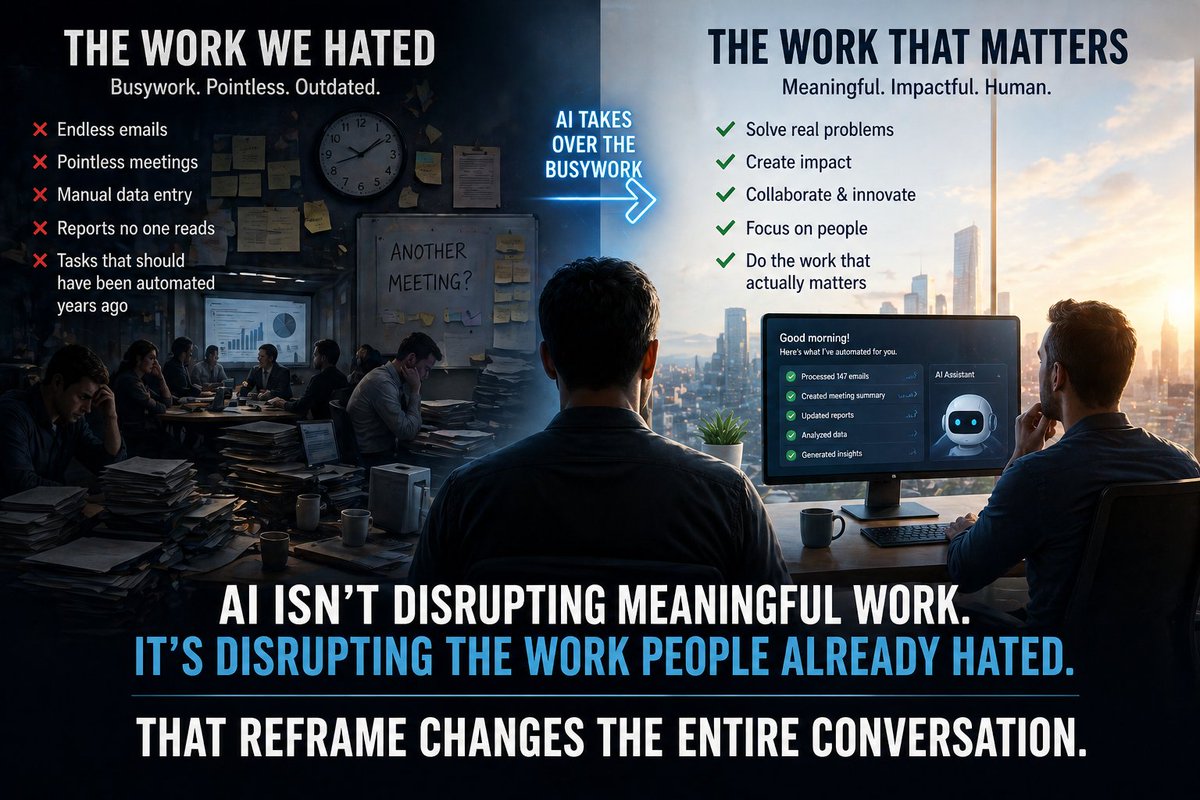 Everyone's panicking about AI taking white-collar jobs.

Nobody's talking about the fact that most white-collar workers already described their own jobs as busywork, pointless meetings, and tasks that should've been automated years ago.

AI isn't disrupting meaningful work. It's