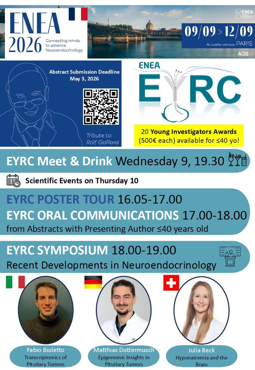 ENEA_Young's tweet photo. 🚨 Reminder: EYRC @ ENEA 2026 – Deadline approaching! 🇫🇷  

Don’t miss your chance to present at the 22nd Congress of the European Neuroendocrine Association in Paris (Sept 9–12, 2026)!  

🔗 Submit here: https://t.co/GYtXugJBp1 https://t.co/JyY2aBFQSM