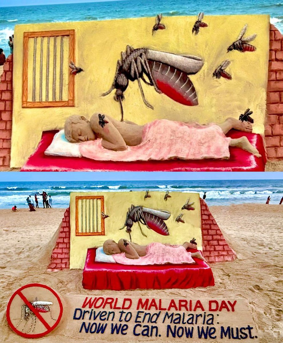 UpendrraRai's tweet image. Highlighting India’s stellar performance and the urgent need to #EliminateMalaria, Padma Shri awardee @sudarsansand showcased a compelling sand sculpture at a #Beach in #Puri on #WorldMalariaDay.

Aligned with this year’s theme, “Driven to End Malaria: Now we can. Now we must.” —