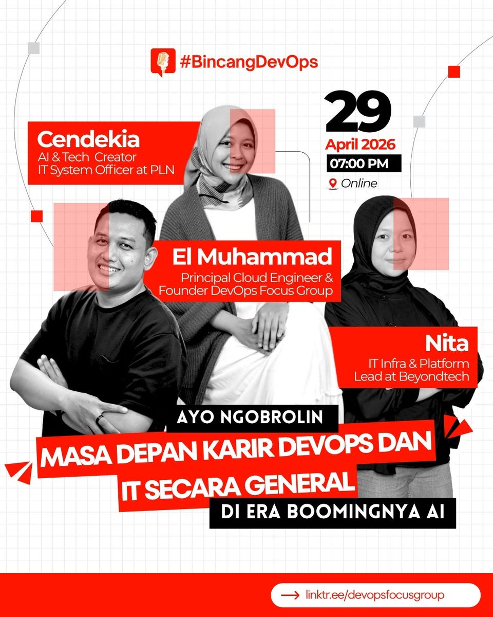 eltrovert's tweet photo. Pertanyaan soal AI bakal gantiin kerjaan kita atau enggak kayaknya udah jadi momok masal. Makanya daripada pusing nebak sendiri, dan kemaren juga rame yang bahas DevOps, so .. mending kita obrolin realitanya di episode pertama podcast #BincangDevOps tanggal 29 April nanti. https://t.co/KHBq2cQuCG