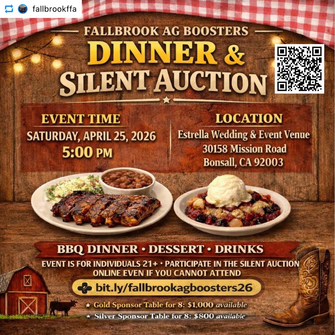 FUHSDofficial's tweet image. #repost 
Parents and Supporters! Join us for a fun night with BBQ, desserts, silent auction and more! The event is 21+. Come support Fallbrook FFA and 4-H 💙💛💚 
🔗 LINK IN @fallbrookffa BIO