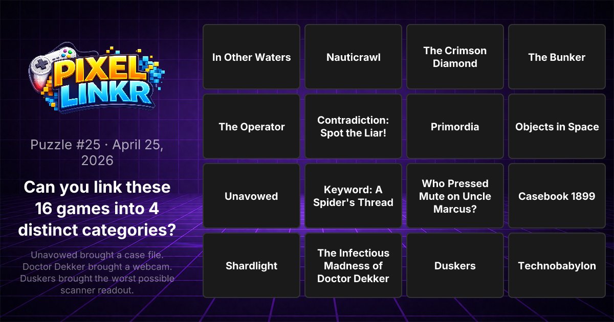 PixelLinkr's tweet image. Unavowed brought a case file. Doctor Dekker brought a webcam. Duskers brought the worst possible scanner readout.

Can you find all 4 connections? Play now → pixellinkr.com

#PixelLinkr #Gaming #VideoGameTrivia