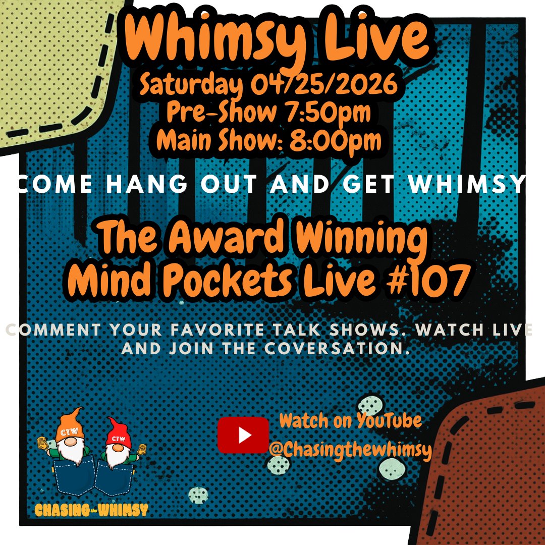 ChaseTheWhimsy's tweet image. 🌟Exciting news! The #AwardWinning #MindPockets107 is here! 🎉 Join us TONIGHT at 8 PM MST for a whimsical journey with Old Man Whimsy! Don’t miss out—tune in: youtube.com/@ChasingtheWhi… 💫

#CreativityUnleashed #ExploreAdventure #MagicalExperience #LiveStreamEvent #ChasingTheWhimsy