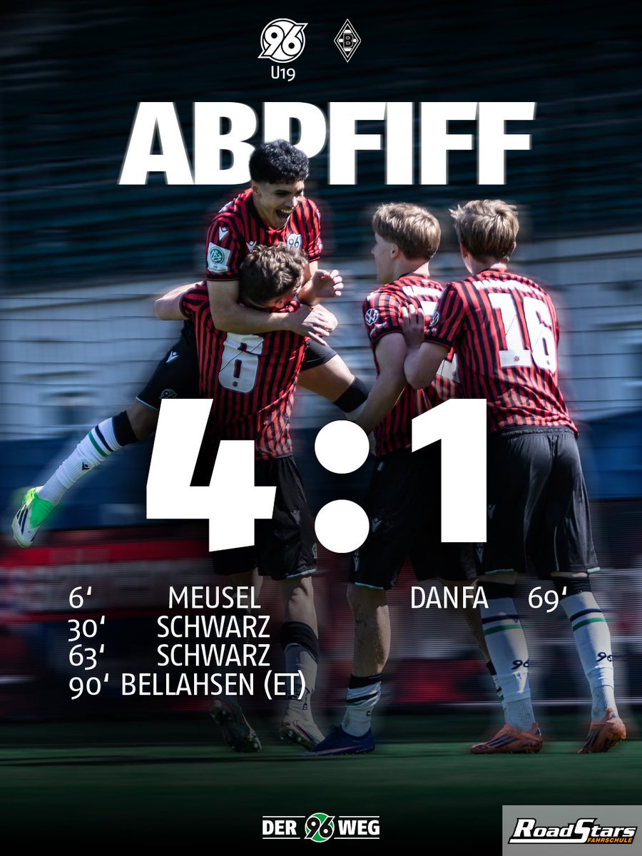 96Akademie's tweet photo. Unsere U19 steht im Achtelfinale der DFB-Nachwuchsliga!
Durch den 4:1-Heimsieg gegen Borussia Mönchengladbach ist der Einzug in die Finalrunde perfekt.
Unsere U17 muss sich in ihrem Achtelfinale derweil dem VfB Stuttgart geschlagen geben.

#Hannover96 #H96 #NiemalsAllein ⚫️⚪️💚 https://t.co/BzhdxdE3tc